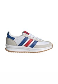 White sneakers with blue and red stripes, suede accents, fabric laces, and a brown rubber sole. Features "CLOUDFOAM" branding on the sole.
