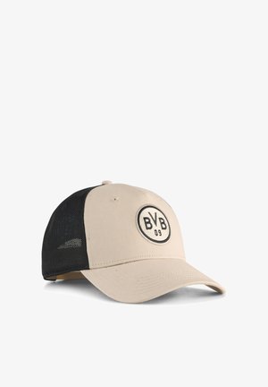 Beige og sort baseballkasket med mesh bagpanel og rundt BVB 09 logo på fronten i midten.