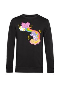Sudadera negra de manga larga con osos de dibujos animados coloridos sobre un arcoíris, con nubes y estrellas en tonos de rosa, púrpura y amarillo.