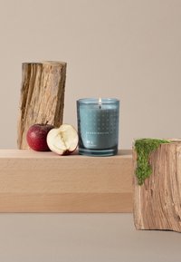 Glass candle in a turquoise holder with a patterned design, next to a whole and halved red apple and textured wood logs, with green moss.