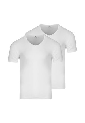 Zwei schlichte weiße T-Shirts mit kurzen Ärmeln und V-Ausschnitt, überlappend dargestellt, Vorderansicht, vor weißem Hintergrund.