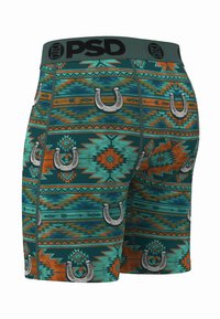 Boxer fantasia con un motivo turchese, arancione e nero e motivi a ferro di cavallo. Realizzati in tessuto elastico, hanno una cintura elastica nera.