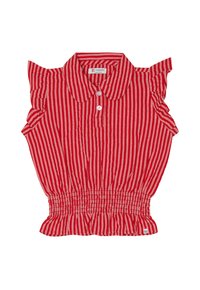 Rood en wit gestreepte shirt met korte mouwen, een kraaghalslijn, ruches op de schouders en een elastische tailleband voor een getailleerde look.