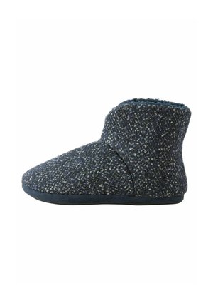 Dark blue wool slipper with a textured finish, mid-top design, soft lining, and a flexible rubber sole for comfort.