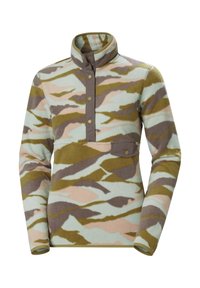 Fleece pullover met een hoge kraag, voorzien van een camouflagedessin in pasteltinten blauw, groen en roze. Inclusief een klepzak en drukknoopsluiting.