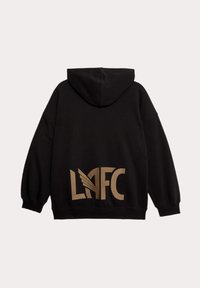 Sudadera negra con un gran logo dorado de "LAFC" en la parte posterior. Cuenta con capucha y forma holgada. Fabricada con un tejido de textura suave.