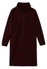 Burgundin värinen neulottu mekko korkealla hännystelijäkauluksella ja pitkillä hihoilla. Ominaisuutena on löysä istuvuus ja suora siluetti, valmistettu pehmeästä, teksturoidusta kankaasta.