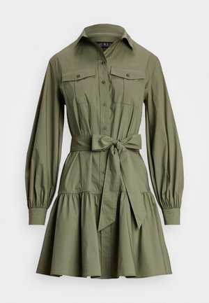 Olive green shirt dress with a button-down front, two chest pockets, long sleeves with gathered cuffs, and a matching tied waist belt.
