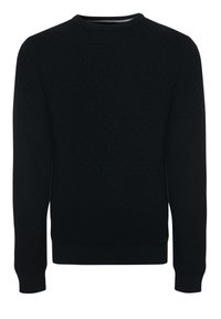 Pull noir en tricot avec un motif de diamants texturé, encolure ronde et poignets et ourlet côtelés. Design simple et uni.