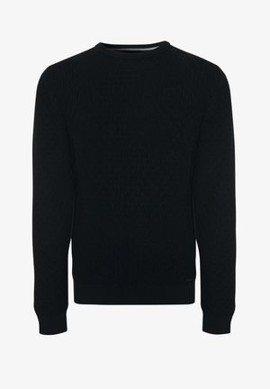 Sort strikket sweater med et struktureret diamantmønster, rund halsudskæring og ribbede manchetter og kant. Enkelt, ensfarvet design.