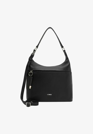 Schwarze Lederhandtasche mit glatter Textur, geschwungenem Design, verstellbarem Schultergurt und silberner Hardware. Verfügt über eine Frontreißverschlusstasche.