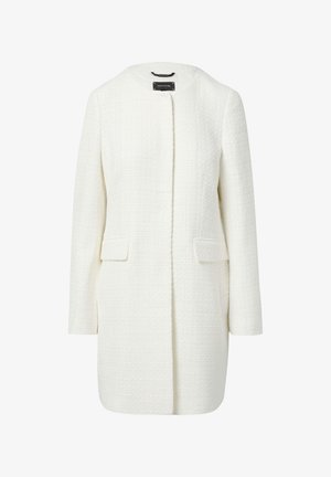 White textured long coat with a straight design, round neck, and two front pockets. No buttons or fasteners are visible.