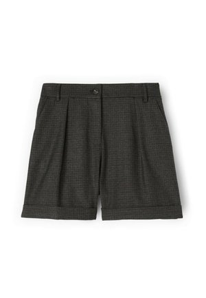 Pantaloni corti a quadri grigi con chiusura a bottone, pieghe frontali e orlo arrotolato. Realizzati in un tessuto testurizzato per il massimo comfort.