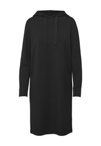 Czarna, długorękawowa sukienka-hoodie o prostym kroju, z możliwością regulacji przy dekolcie oraz ściągaczami na mankietach. Wykonana z miękkiego, oddychającego materiału.