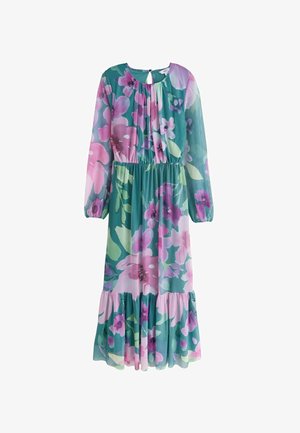 Maxi-jurk met bloemenprint in teal, met lange mouwen, een geplooide halslijn en een geruite zoom. Het ontwerp bevat roze en paarse bloemenpatronen.