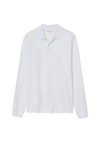 Langärmliges weißes Poloshirt aus Baumwolle. Verfügt über einen klassischen Kragen und eine Drei-Knopf-Leiste. Einfaches Design mit gerippten Bündchen.