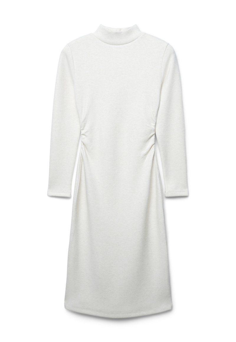 Weißes langärmliges Kleid mit hohem Kragen, seitlichen Raffungselementen, glatter Textur und geradem Schnitt, das direkt über dem Knie endet.