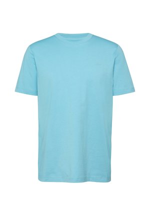 Lichtblauw katoenen T-shirt met korte mouwen en een ronde hals, in een ontspannen pasvorm, weergegeven tegen een effen witte achtergrond.