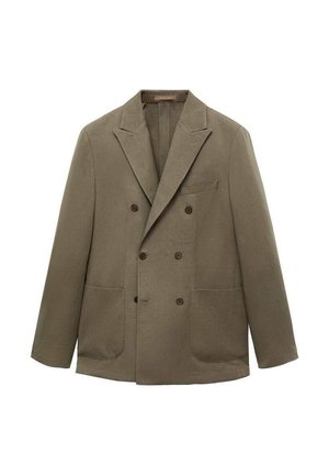 Doppelt geknöpftes Jacket aus olivgrünem Stoff. Verfügt über Reverskragen, zwei vordere aufgesetzte Taschen und eine einzelne Brusttasche.
