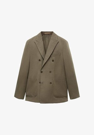 Doppelt geknöpftes Jacket aus olivgrünem Stoff. Verfügt über Reverskragen, zwei vordere aufgesetzte Taschen und eine einzelne Brusttasche.