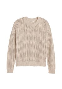 Beige gestrickter Pullover mit lockerer Passform, der ein strukturiertes, offenes Maschenmuster sowie gerippte Bündchen und Saum aufweist. Leichtes, lässiges Design.