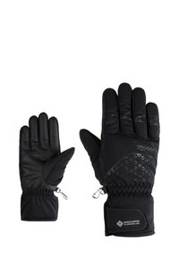Schwarze Handschuhe mit einem strukturierten Design auf der Rückseite, Lederhandfläche, elastischen Bündchen und Clips zur sicheren Befestigung. Hergestellt aus Windstopper-Material.