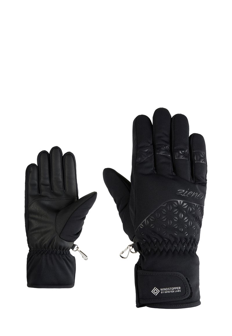 Schwarze Handschuhe mit einem strukturierten Design auf der Rückseite, Lederhandfläche, elastischen Bündchen und Clips zur sicheren Befestigung. Hergestellt aus Windstopper-Material.