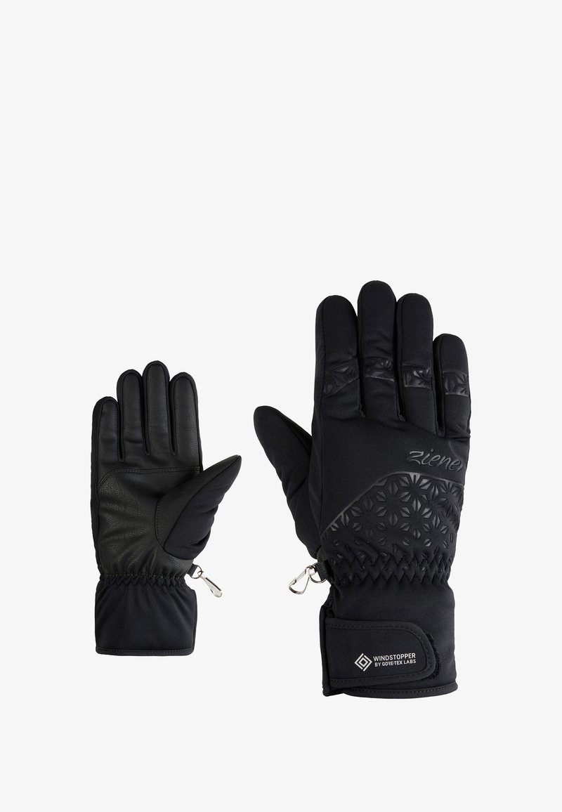 Schwarze Handschuhe mit einem strukturierten Design auf der Rückseite, Lederhandfläche, elastischen Bündchen und Clips zur sicheren Befestigung. Hergestellt aus Windstopper-Material.