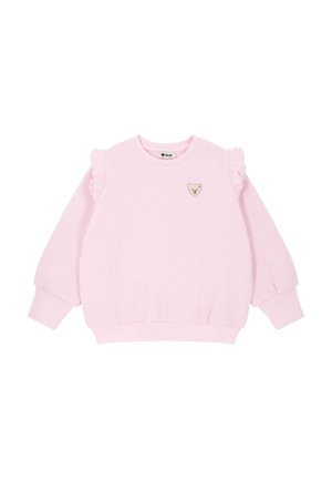 Sweat-shirt rose texturé avec des accents de manches froncées, un col rond et un petit patch d'ours sur le devant, avec des poignets et un ourlet côtelés.