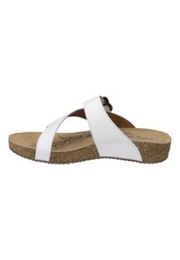 White leather sandals with cork sole, featuring cross-straps and a textured insole. Sleek design for comfort and easy wear.