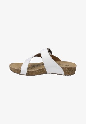 White leather sandals with cork sole, featuring cross-straps and a textured insole. Sleek design for comfort and easy wear.