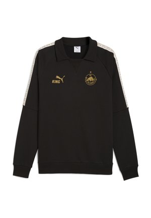 Sort langærmet sweatshirt med krave. Har guldtekst "KING" og FC Salzburg-logo. Pyntet med mønstrede hvide striber på ærmerne.