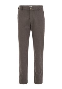 Szürke, egyenes szabású, texturált nadrág gombos záródással és övcsíptetőkkel. Kényelmes, könnyű anyagból készült.