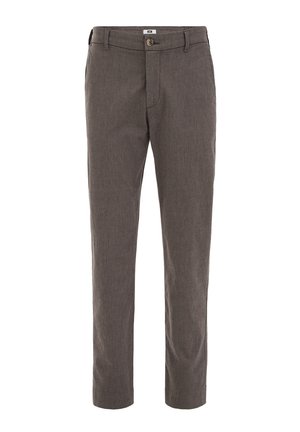 Pilkos tekstūruotos kelnės tiesiu kirpimu, su sagų užsegimu ir diržo kilpomis. Pagamintos iš lengvos medžiagos patogumui.