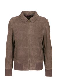 Giacca in suede marrone con zip frontale, colletto, polsini a coste e bordo in vita. Presenta un rivestimento a quadri e una texture liscia.