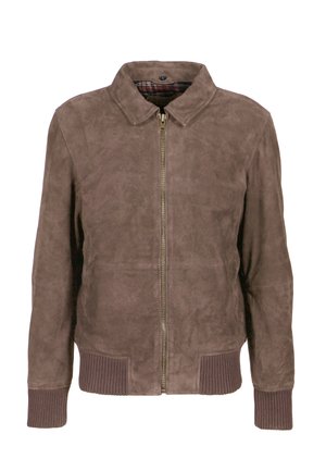 Brown suede jacket with a zip front, collar, ribbed cuffs, and waistband. Features a plaid lining and smooth texture.