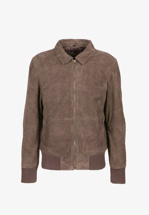 Braune Wildlederjacke mit Reißverschluss, Kragen, gerippten Bündchen und Saum. Sie besitzt ein kariertes Futter und eine glatte Textur.