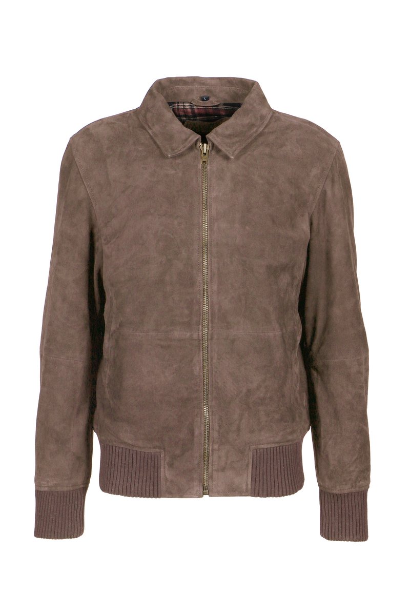 Giacca in suede marrone con zip frontale, colletto, polsini a coste e bordo in vita. Presenta un rivestimento a quadri e una texture liscia.