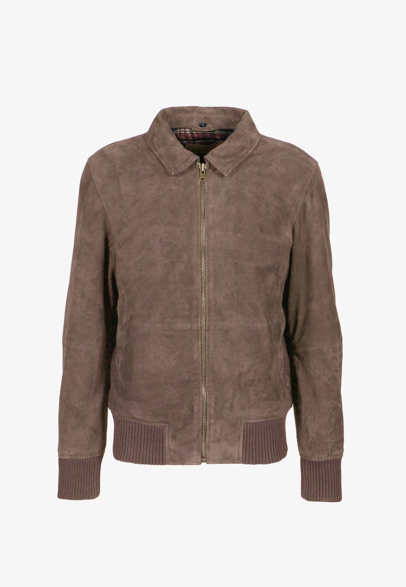 Bruine suède jas met een ritssluiting aan de voorkant, kraag, geribbelde manchetten en zoom. Heeft een geruite voering en een zachte textuur.