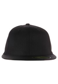 Musta snapback müts tekstureeritud kangast, millel on lame ääreosa, kuus paneeli ja ventilatsiooniavad. Äärele on lisatud brändi kleebis.
