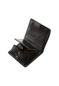Billetera de cuero negra con un acabado texturizado, que presenta múltiples ranuras para tarjetas, un compartimento central y herrajes de latón para un cierre seguro.