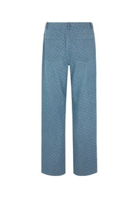 Modré kalhoty širokého střihu s texturovanou tkaninou, která má celoplošný geometrický vzor. Obsahují dvě boční kapsy a pás.