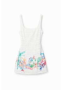 Valkoinen hihaton mekko, jossa on istuva yläosa ja levenevä helma, jonka reunassa on värikkäitä kukka- ja trooppisia kuvioita brodeerattu.