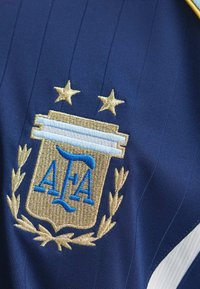 Tessuto blu con uno stemma ricamato in oro e azzurro chiaro, che presenta due stelle sopra e rami di alloro sotto.