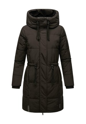 Must mustaga tutikas, millel on kõrge krae ja reguleeritav nööriga kapuuts. Omab kokkuvoodud vöökoht, pikad varrukad ja lukuga sulgemine.