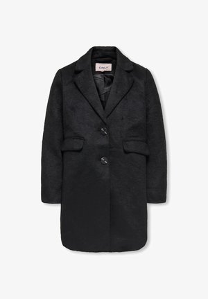 Zwarte jas van een wollen mix met een gerende reverskraag, twee voorkantzakken en een sluiting met twee knopen. Gladde textuur met een getailleerd silhouet.