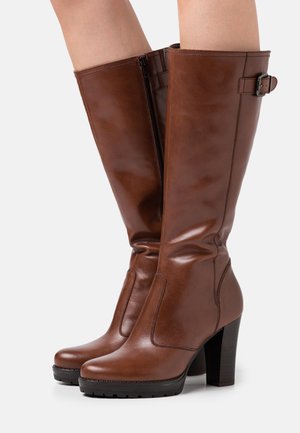 LEATHER - Kozačky na vysokém podpatku - cognac