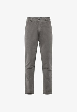 Graue Cordhosen haben ein gerades Bein mit einer glatten Textur. Sie verfügen über einen Frontknopfverschluss und Seitentaschen.