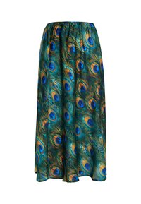 Maxihame made of lightweight fabric, featuring a peacock feather pattern in blue, green, and gold tones with an elastic waist.