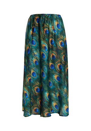 Maxi sijonas, pagamintas iš lengvos medžiagos, su paaukštės plunksnų raštu mėlynos, žalios ir aukso atspalviuose, su elastine juosta.